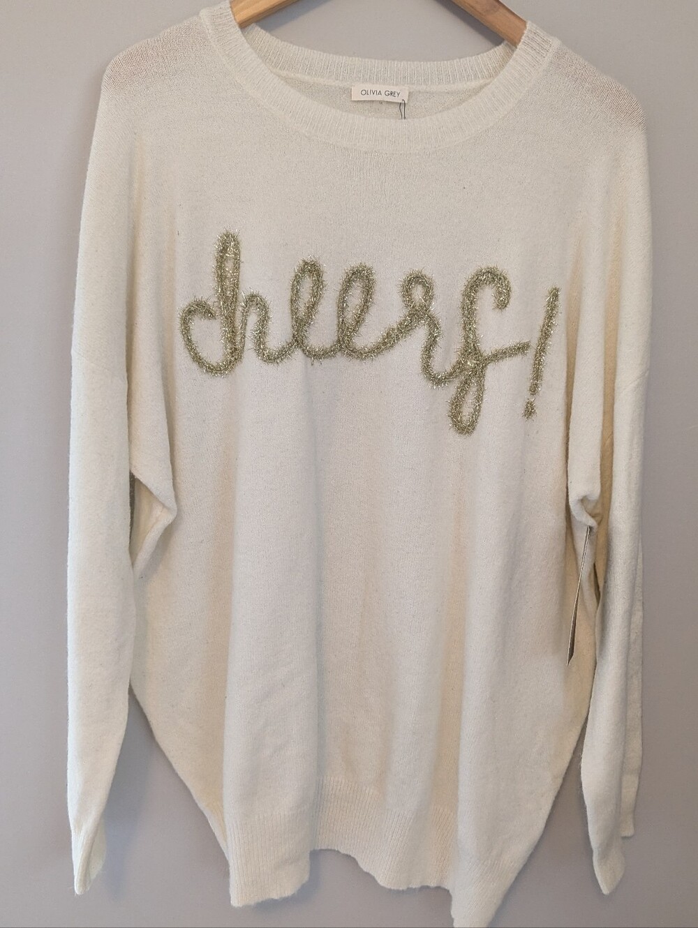 NWT Olivia Grey Cheers Gold Tinsel Sweater Cream Plus Size 1X Holiday
